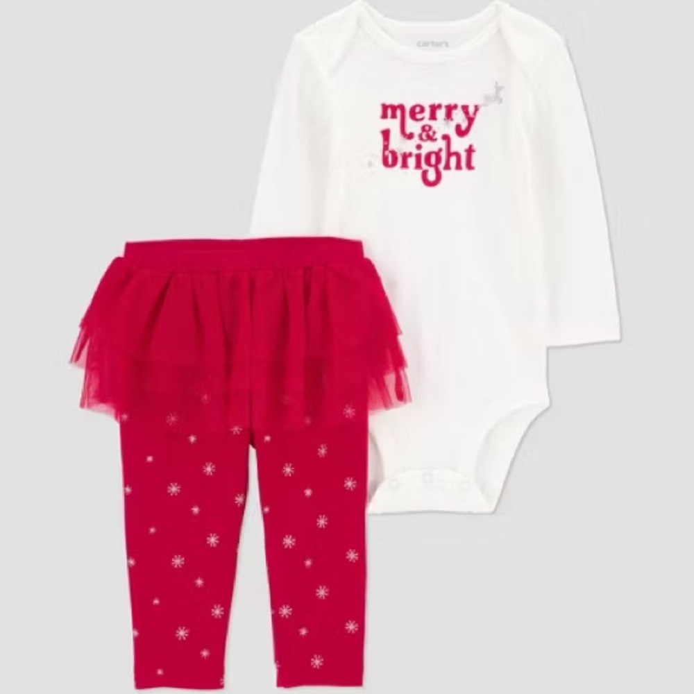 Carter's Baby Girls’ Red Christmas 2pc Tutu Merry & Bright Top & Bottom Set - 3M